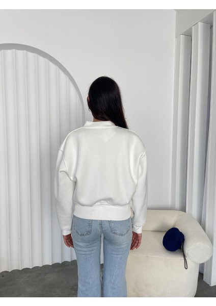 Beyaz Fermuarlı Şardonlu Bomber Sweatshirt - BGS24 modelleri