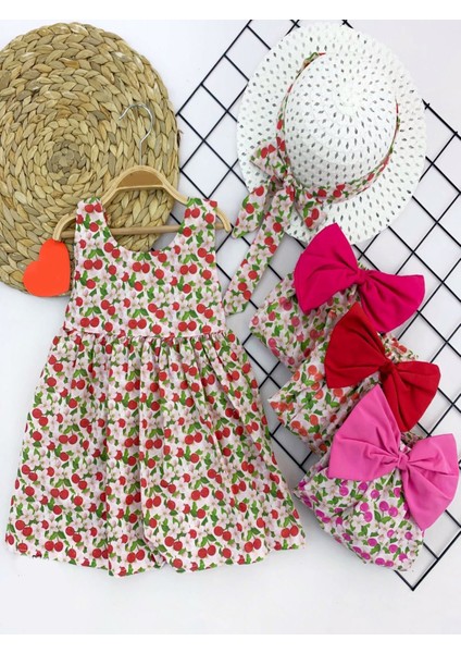 9-12-18-24 Ay Hasır Şapkalı Kiraz Desenli Askılı 2li Kız Bebek Elbisesi