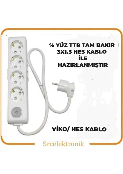 Multi-Let 4'Lü Hes Kablo (1 Ile 10 Metre Arası) Anahtarlı Topraklı Çocuk Korumalı Uzatma ( 3X1.5 Hes Kablo Tam Bakır) Ttr Kablo Tseli Ho5Vv-F