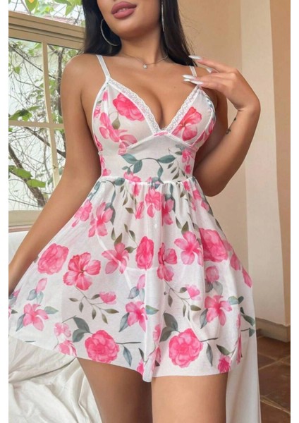 Pembe Çiçek Desenli Dantel Detaylı Gecelik 15706 fiyatları