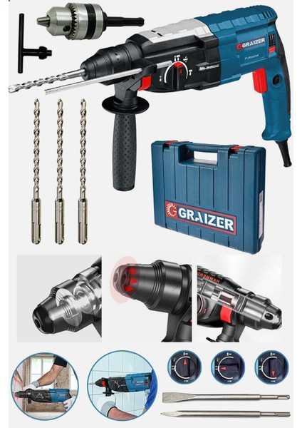 Alman 3000 W Bakir Sargili Kırıcı Delici Hilti Matkap Metal Şanzumanlı + 5 Adet Uç Yedek Mandren Gri
