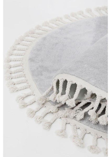 Peluş Halı Açık Gri Saçaklı Yuvarlak Kesme Post Yolluk Kilim modelleri