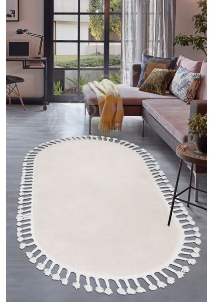 Peluş Halı Krem Saçaklı Oval Post Kesme Yolluk Kilim