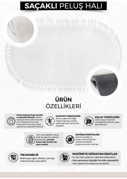 Peluş Halı Krem Saçaklı Oval Post Kesme Yolluk Kilim