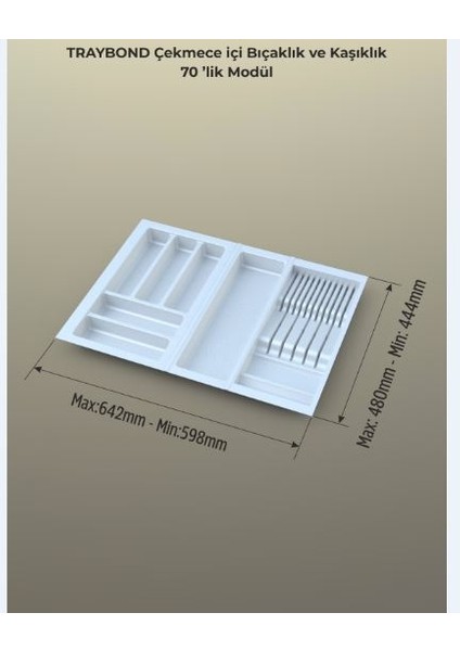 Çekmece içi kaşıklık ve Bıçaklık Beyaz, 64x48 Yandan ve Boydan 4,5 cm kesilebilir