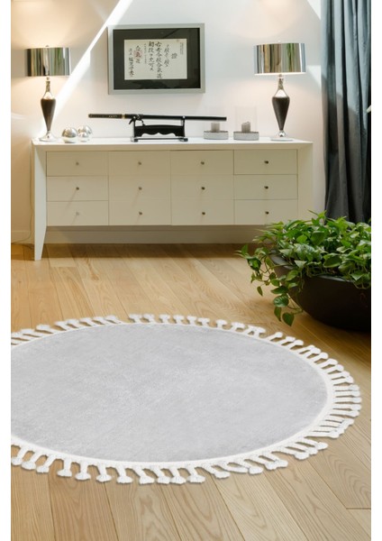 Peluş Halı Açık Gri Saçaklı Yuvarlak Kesme Post Yolluk Kilim