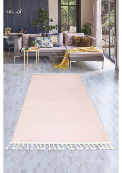 Peluş Halı Pembe Düz Desenli Saçaklı Kesme Post Yolluk Kilim