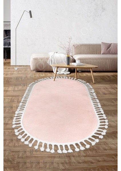 Peluş Halı Pembe Saçaklı Oval Post Kesme Yolluk Kilim