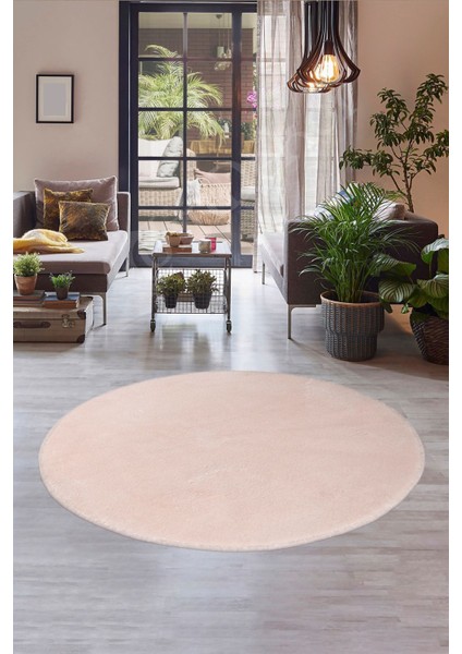Peluş Halı Pembe Yıkanabilir Yuvarlak Kesme Post Yolluk Kilim