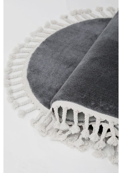 Peluş Halı Koyu Gri Saçaklı Oval Kesme Post Yolluk Kilim modelleri