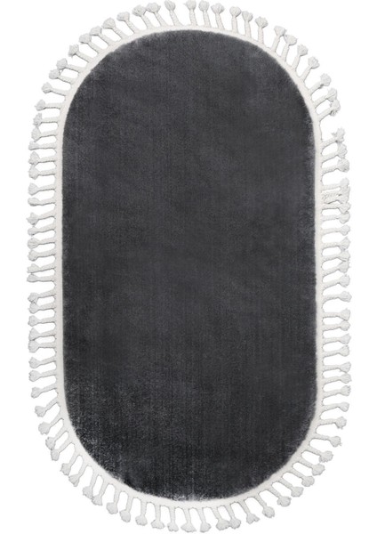 Peluş Halı Koyu Gri Saçaklı Oval Kesme Post Yolluk Kilim fiyatları