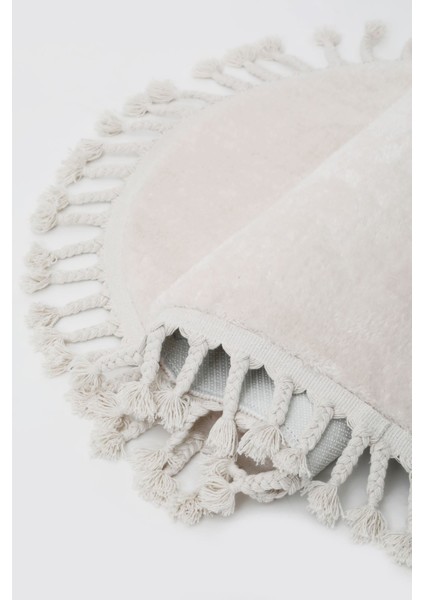 Peluş Halı Açık Vizon Saçaklı Yuvarlak Kesme Post Yolluk Kilim