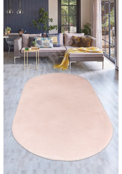 Peluş Halı Pembe Yıkanabilir Oval Post Kesme Yolluk Kilim