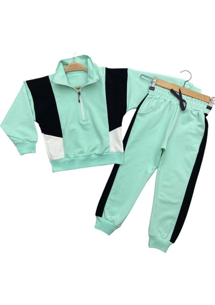 Kız Çocuk Yarım Fermuar Modelli Renk Bloklu Su Yeşili Renk Eşofman Takımı