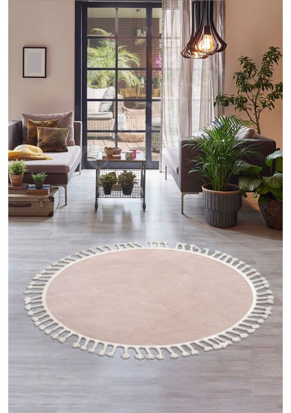 Peluş Halı Pembe Saçaklı Yuvarlak Kesme Post Yolluk Kilim
