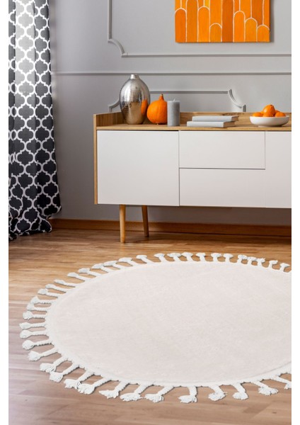 Peluş Halı Açık Vizon Saçaklı Yuvarlak Kesme Post Yolluk Kilim