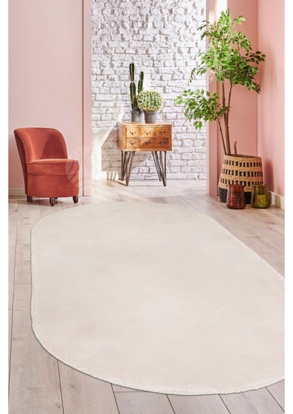 Peluş Halı Krem Yıkanabilir Oval Post Kesme Yolluk Kilim