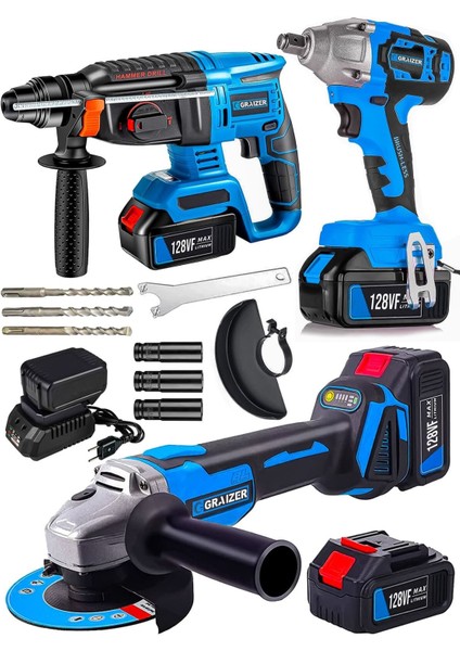 Alman Pro 128 V Profesyonel 3'lü Set Kırıcı Delici Somun Sıkma Taşlama Makinesi 2 Akülü Kömürsüz