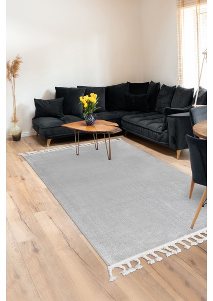 Peluş Halı Açık Gri Saçaklı Post Kesme Yolluk Kilim
