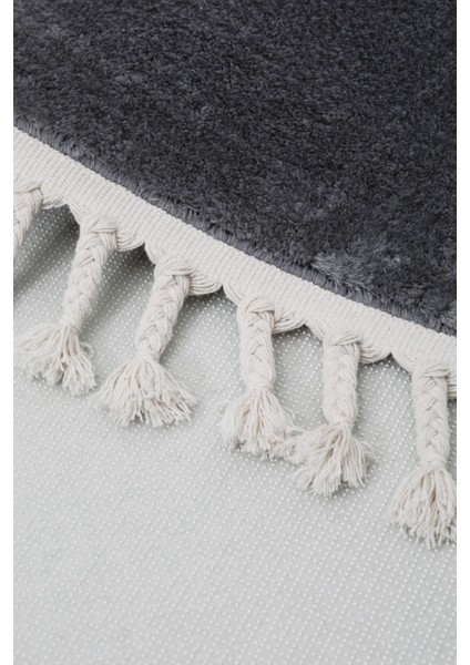 Peluş Halı Koyu Gri Saçaklı Yuvarlak Kesme Post Yolluk Kilim modelleri