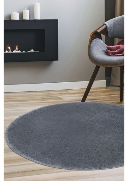 Peluş Halı Koyu Gri Yıkanabilir Yuvarlak Post Yolluk Kilim