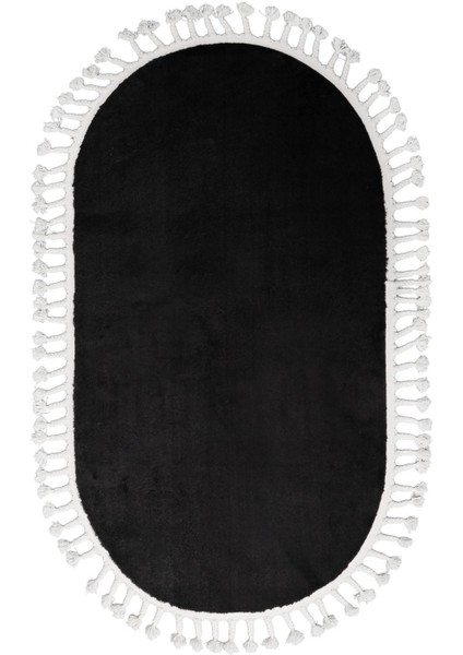 Peluş Halı Siyah Saçaklı Oval Post Kesme Yolluk Kilim fiyatları