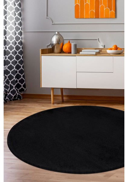 Peluş Halı Siyah Yıkanabilir Yuvarlak Kesme Post Yolluk Kilim