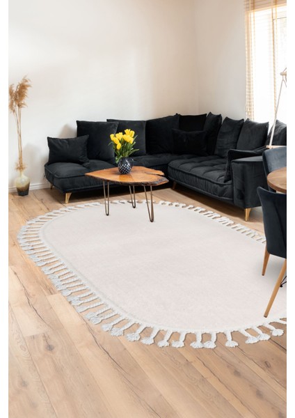 Peluş Halı Açık Vizon Saçaklı Oval Kesme Post Yolluk Kilim