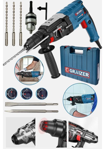 Alman 3000 W Bakir Sargili Kırıcı Delici Hilti Matkap Metal Şanzumanlı + 5 Adet Uç Yedek Mandren Gri