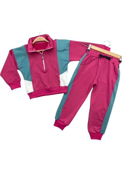 Kız Çocuk Yarım Fermuar Modelli Renk Bloklu Fuşya Renk Eşofman Takımı