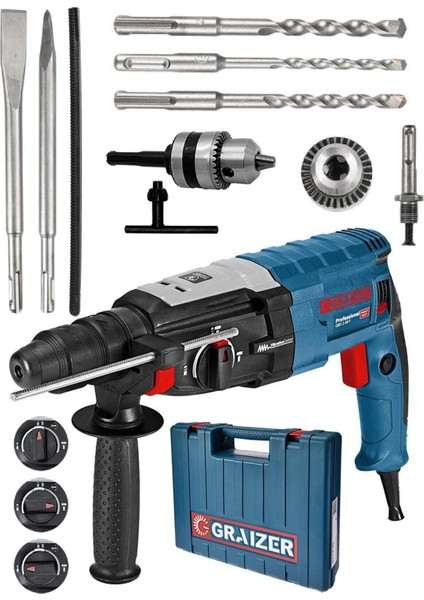 Alman 3000 W Bakir Sargili Kırıcı Delici Hilti Matkap Metal Şanzumanlı + 5 Adet Uç Yedek Mandren Gri