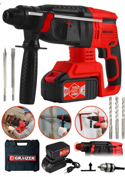 Alman 88 V 5 Ah 4 Joule Bakir Sargili Kömürsüz Motor Darbeli Çift Akülü Şarjlı Kırıcı Delici Hilti