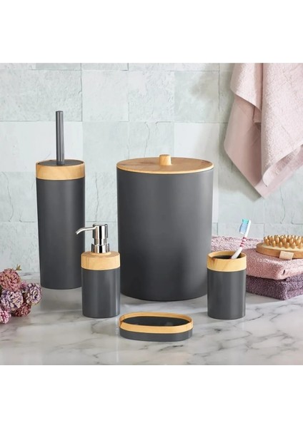 Limpia Bambu Desenli 5'li Banyo Seti Çöp Kovası Sıvı Sabunluk Diş Fırçalık Kutusu Banyo Seti