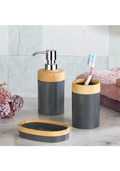 Limpia Bambu Desenli 5'li Banyo Seti Çöp Kovası Sıvı Sabunluk Diş Fırçalık Kutusu Banyo Seti