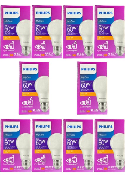 8W (60W) 2700K (Sarı Işık) E27 Duylu Klasik LED Ampul (10 Adet)