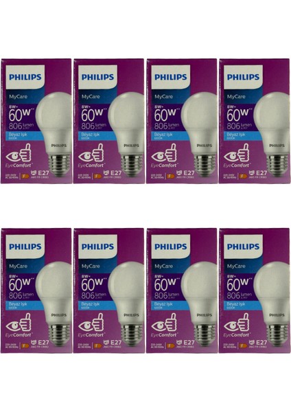 8W (60W) 6500K (Beyaz Işık) E27 Duylu Klasik LED Ampul (8 Adet)