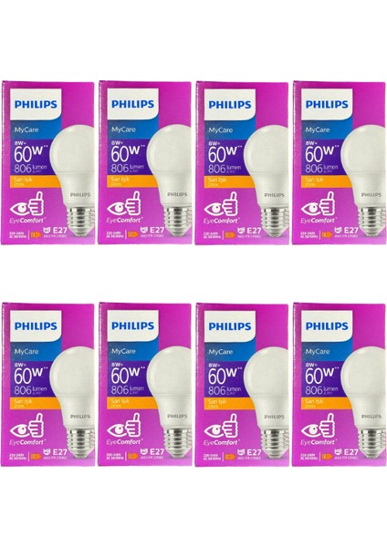 8W (60W) 2700K (Sarı Işık) E27 Duylu Klasik LED Ampul (8 Adet)