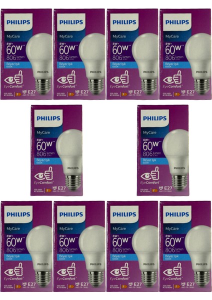 8W (60W) 6500K (Beyaz Işık) E27 Duylu Klasik LED Ampul (10 Adet)