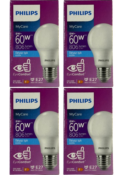 8W (60W) 6500K (Beyaz Işık) E27 Duylu Klasik LED Ampul (4 Adet)