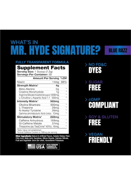 Mr. Hyde Signature Pre Workout Creatine Beta Alanine Teacrine And Caffeine Energy Focus Pumps 216 gr