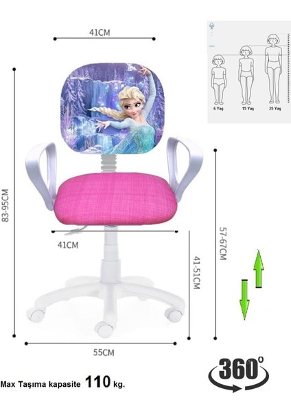 Çocuk Odası Ders Çalışma Ofis Koltuğu Öğrenci Sandalyesi Frozen Desen Beyaz Tekerlekli Yüksek Ayarlı