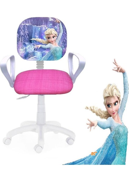 Çocuk Odası Ders Çalışma Ofis Koltuğu Öğrenci Sandalyesi Frozen Desenli Pembe Beyaz Tekerlekli