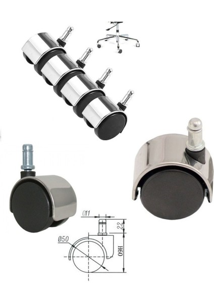 Ofis Koltuk Tekerleği Krom Görünümlü Lüx Tekerlek 5li Set