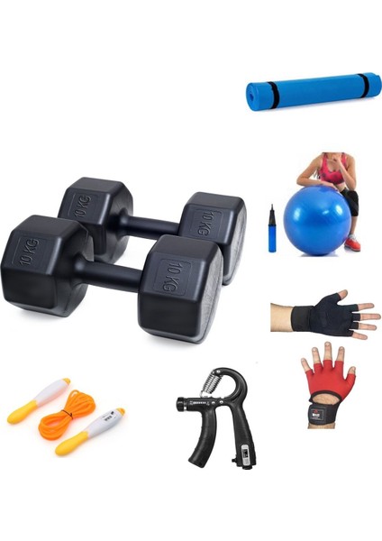 Ps Spor 10 kg Dambıl x 2 Adet = 20 kg + 5 Çeşit Plastes ve Egzersiz Seti