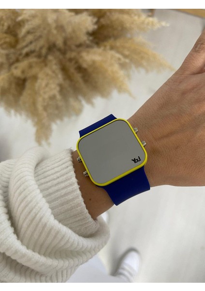 Lacivert Sarı Dijital Tuşlu Kare LED Unisex Saat
