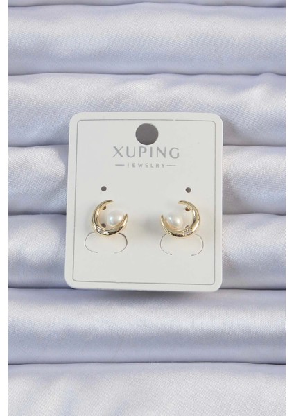 Xuping Gold Renk Zirkon Taşlı Incili Ay Küpe