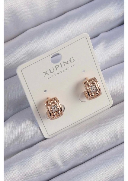 Xuping Rose Renk Zirkon Taşlı Geometrik Desenli Halka Küpe - TJ-BKP9425