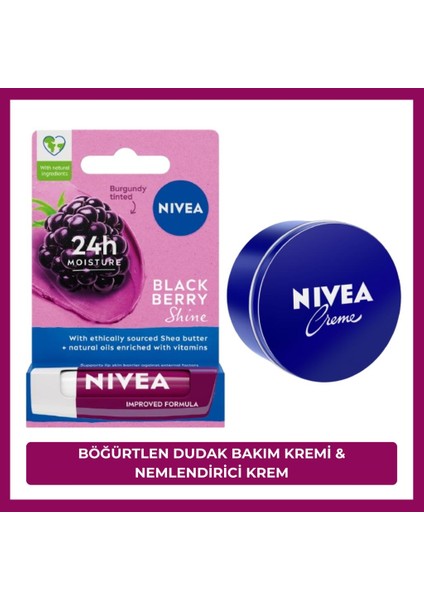 Creme Nemlendirici 250 ml ve Hafif Bordo Işıltı, Pürüzsüz Dudaklar Böğürtlen Dudak Bakım Kremi 4.8 gr,