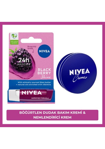 Creme Nemlendirici 30 ml ve  Hafif Bordo Işıltı, Pürüzsüz Dudaklar Böğürtlen Dudak Bakım Kremi 4.8 gr