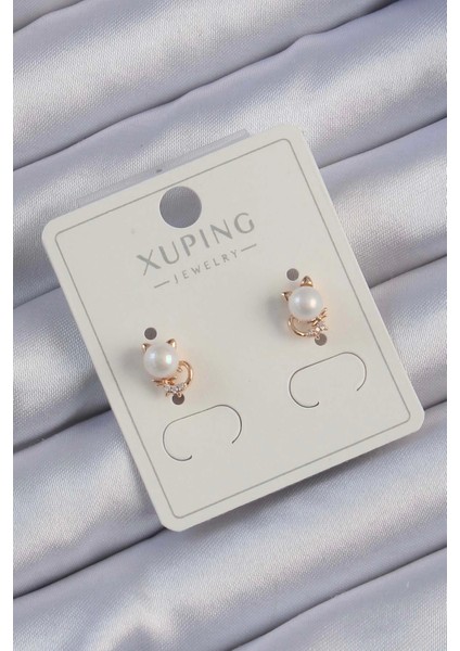 Xuping Rose Renk Zirkon Taşlı Incili Kedi Küpe - TJ-BKP9401